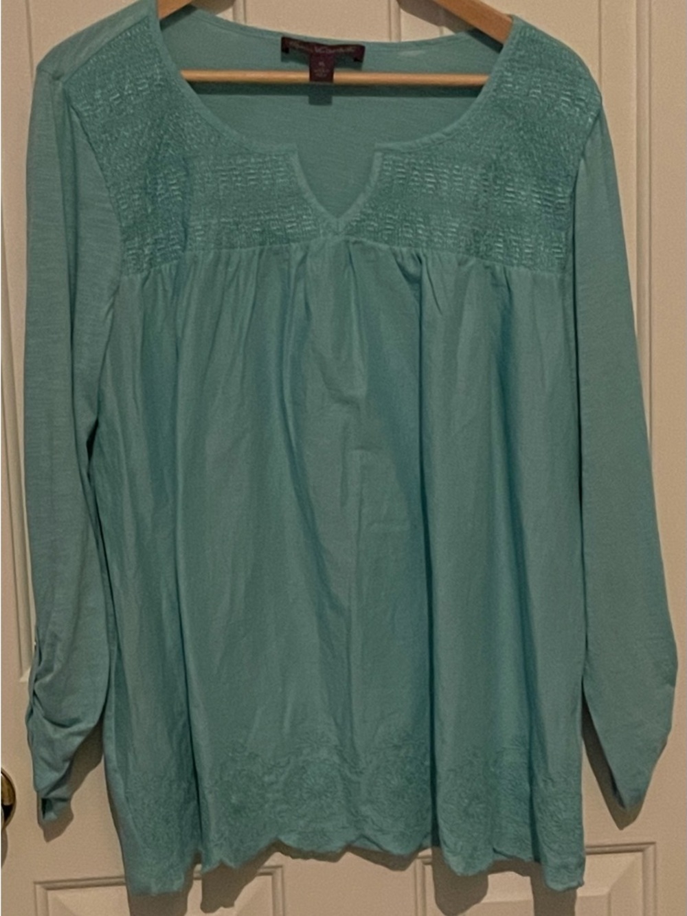 Gloria Vanderbilt Light Teal Smocked Yoke Long Sleeve Top